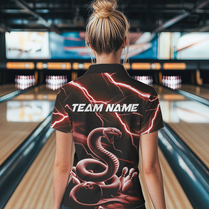 Custom Black And Red Thunder Lightning Snake Bowling Polo Shirts For Women, Team Outfits IPHW8649