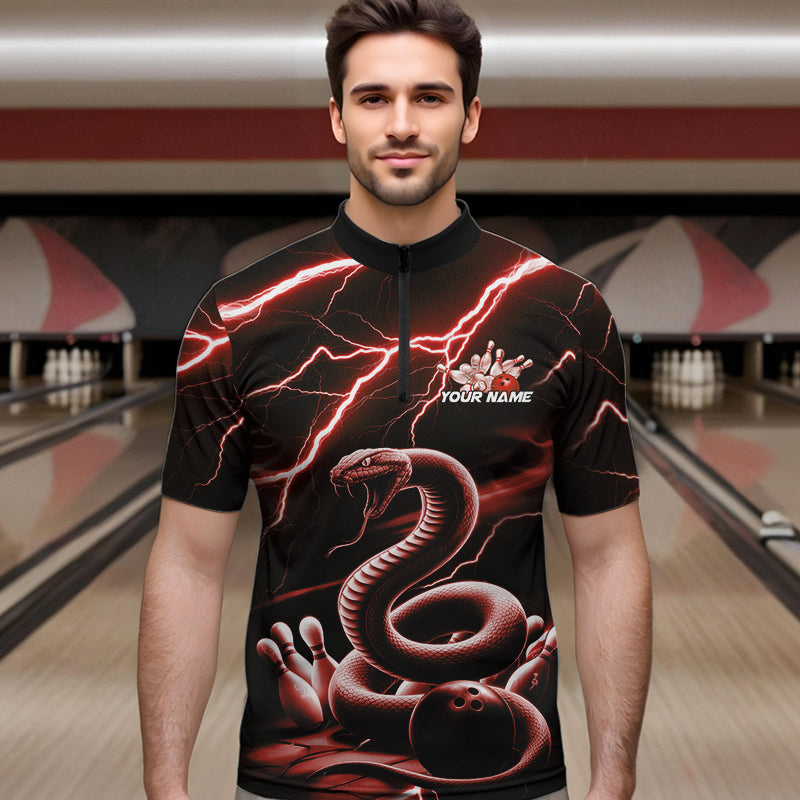 Custom Black And Red Thunder Lightning Snake Bowling Quarter-Zip Shirts For Men, Team Outfits IPHW8649