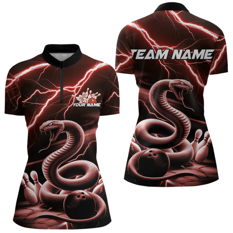 Custom Black And Red Thunder Lightning Snake Bowling Team Quarter-Zip Shirts For Women IPHW8649