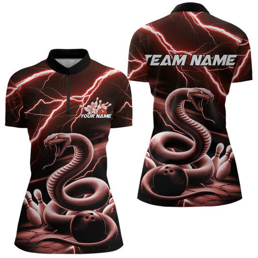 Custom Black And Red Thunder Lightning Snake Bowling Team Quarter-Zip Shirts For Women IPHW8649