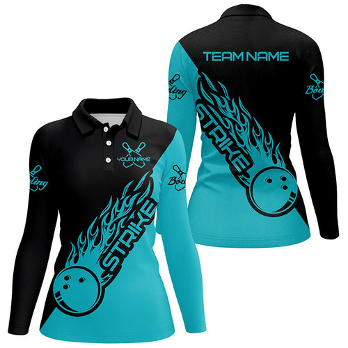 Custom Bowling Womens Long Sleeve Polo Shirts, Bowling Team Shirts Bowling Strike | Ball Blue IPHW4289