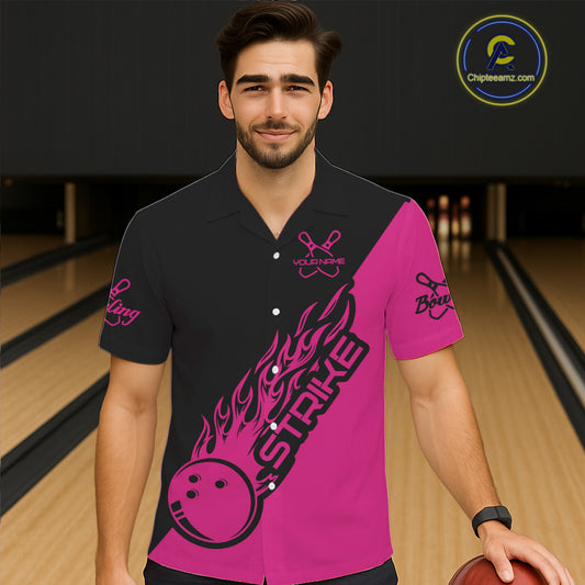 Custom Pink Flame Strike Bowling Men And Women Hawaiian Shirt, Bowling Team Shirts Bowling Strike IPHW4290