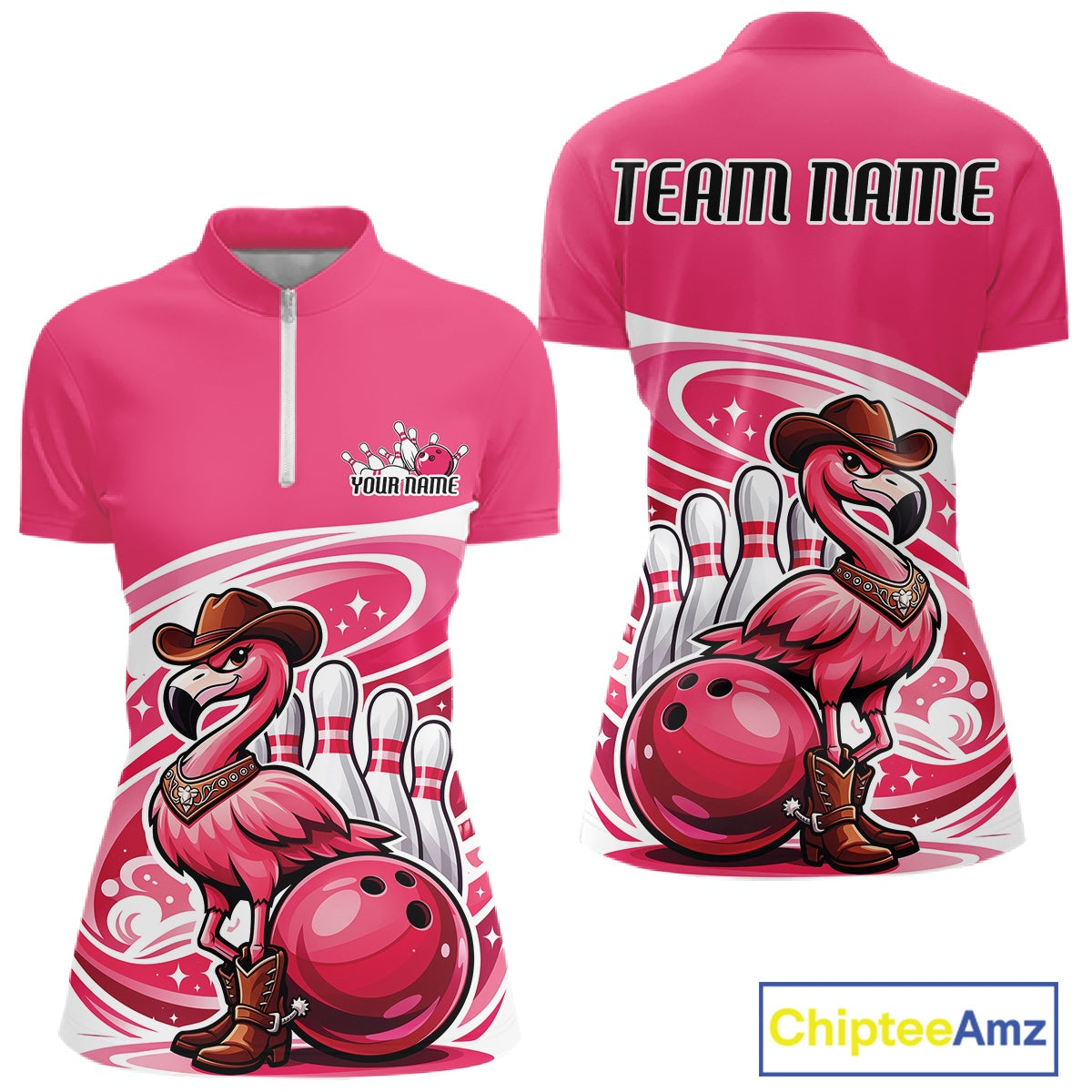 Front and back display of a pink women’s bowling quarter-zip shirt showcasing a cowboy flamingo leaning on a bowling ball.