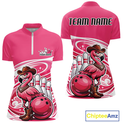 Front and back display of a pink women’s bowling quarter-zip shirt showcasing a cowboy flamingo leaning on a bowling ball.