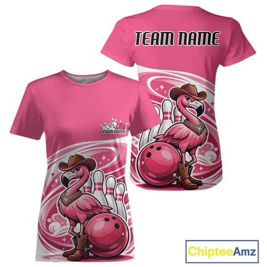 Pink women’s crewneck bowling T-shirt displayed front and back with a cowboy flamingo leaning on a bowling ball.