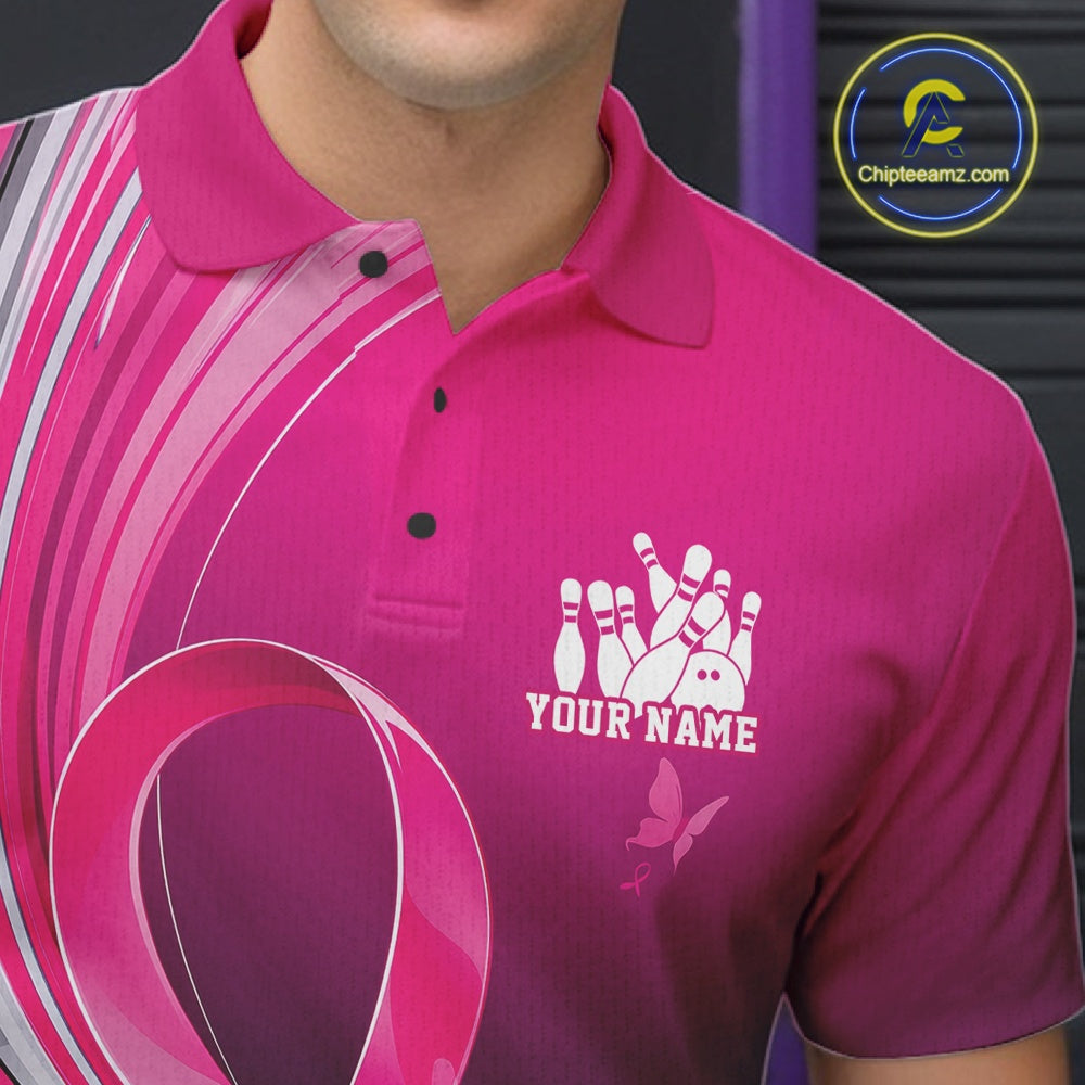 Close-up left chest view of a pink bowling polo featuring breast cancer awareness ribbon artwork and bowling graphics