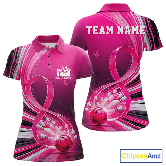 Front and back mockup of a womens pink bowling polo featuring breast cancer awareness ribbons and bowling-themed graphics
