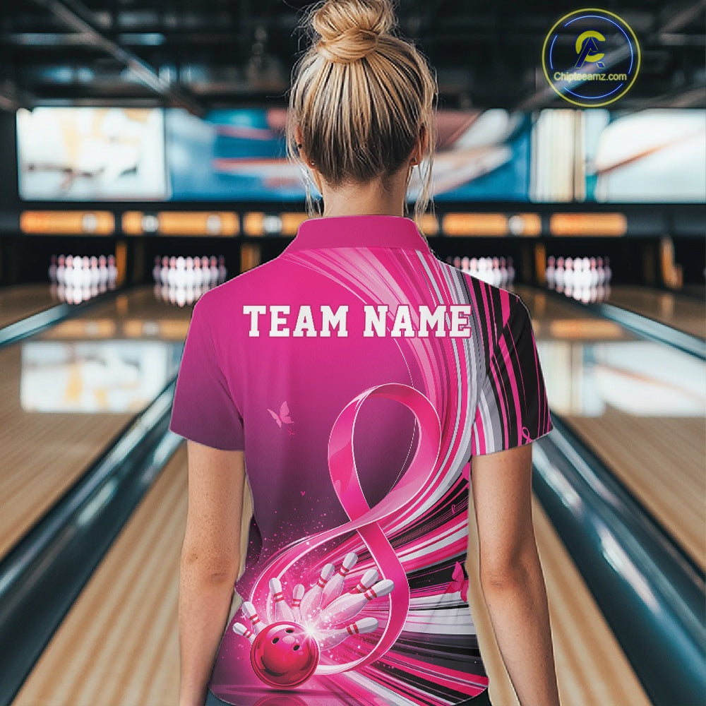 Female model wearing a pink bowling polo with breast cancer awareness ribbon graphics and bowling artwork, back view