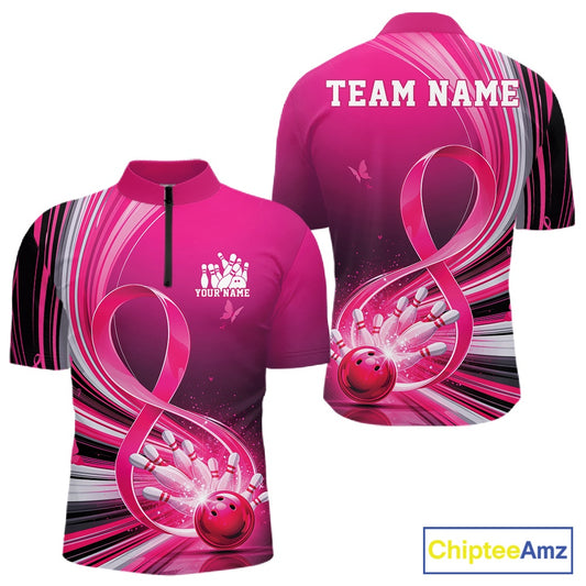Front and back mockup of a mens pink bowling quarter zip featuring breast cancer awareness ribbon artwork and bowling graphics