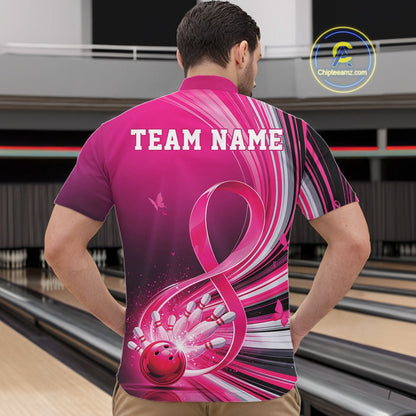 Front view of a male model in a pink bowling quarter zip featuring breast cancer awareness ribbon artwork and bowling graphics