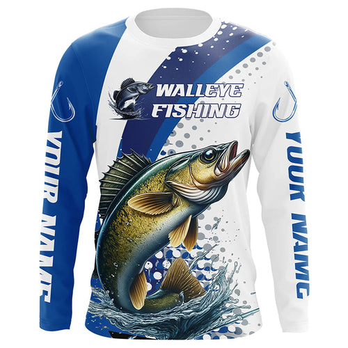 Custom Walleye Long Sleeve Fishing Shirts, Walleye Fishing Tournament Shirts | Blue IPHW6830