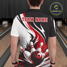 Load image into Gallery viewer, Back view of a male model wearing a white, black, and red bowling polo shirt showcasing a flaming bowling ball hitting the pins artwork in a bowling lane.