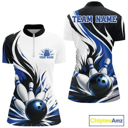 Front and back view of a women's bowling quarter zip mockup featuring a flaming bowling ball striking pins design on a white, black, and blue shirt.