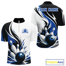 Load image into Gallery viewer, Front and back view of a men's bowling quarter zip shirt mockup featuring a flaming bowling ball striking pins design on a white, black, and blue shirt.