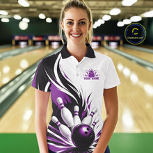Load image into Gallery viewer, Front view of a female model wearing a white, black, and purple bowling polo shirt featuring a flaming bowling ball striking pins in a bowling lane.