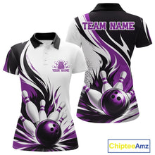 Load image into Gallery viewer, Front and back view of a women's bowling polo shirt mockup showcasing a flaming bowling ball striking pins artwork on a white, black, and purple shirt.