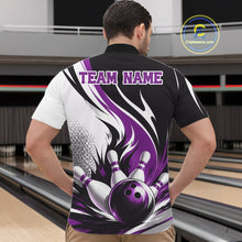 Load image into Gallery viewer, Front view of a male model wearing a white, black, and purple bowling quarter zip shirt featuring a flaming bowling ball striking pins in a bowling lane.