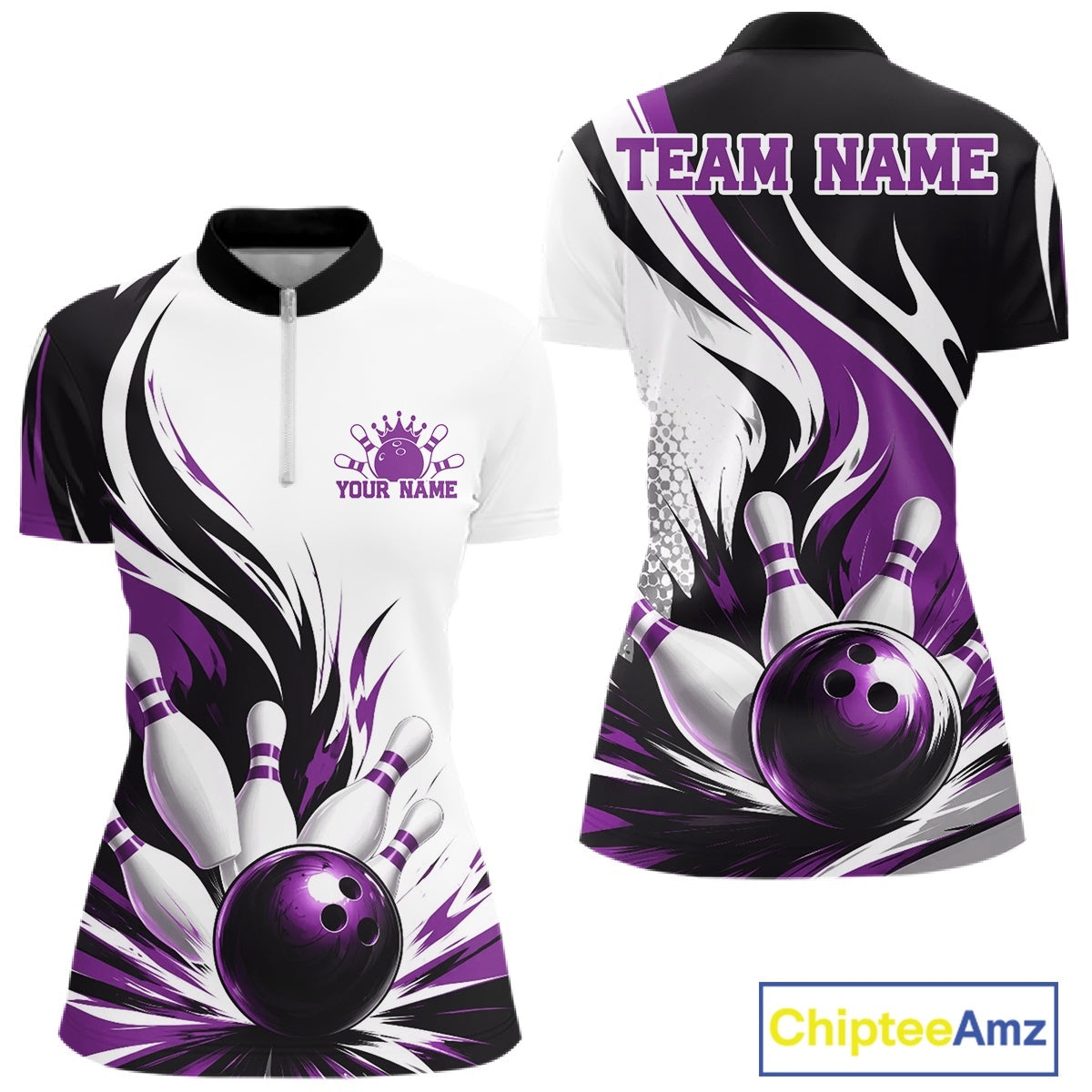 Front and back view of a women's bowling quarter zip mockup featuring a flaming bowling ball striking pins design on a white, black, and purple shirt.