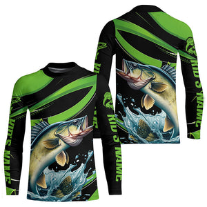 Black And Green Custom Walleye Fishing Jerseys, Walleye Long Sleeve Tournament Fishing Shirts IPHW7001