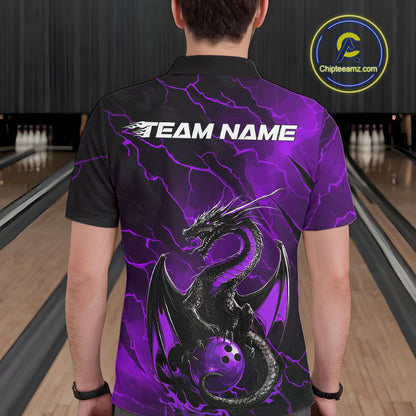Custom Purple Lightning Dragon Bowling Polo Shirt For Men, Dragon Bowling Team Jersey IPHW9902