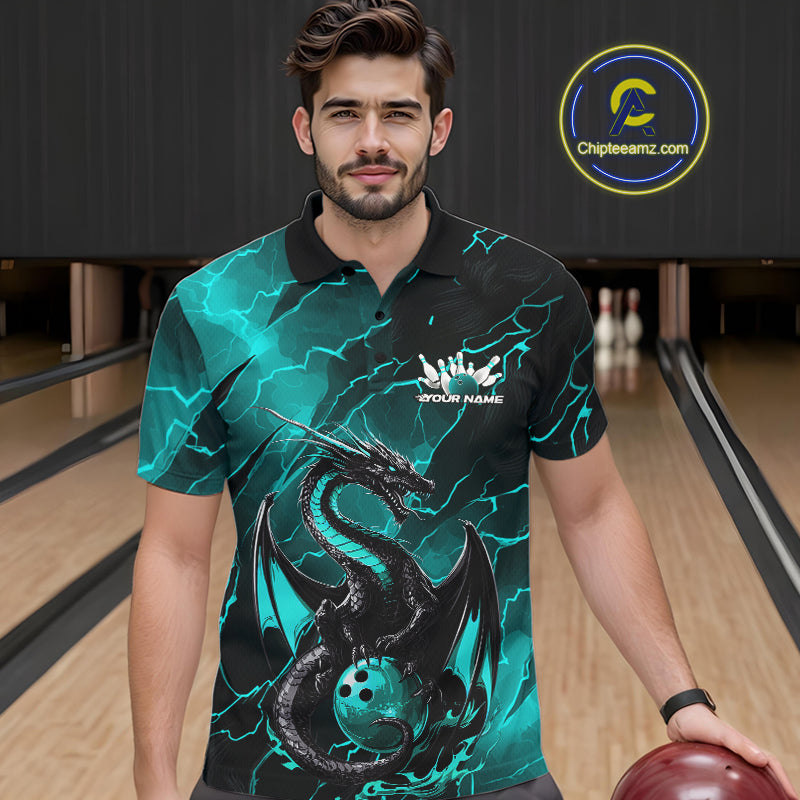 Custom Blue Lightning Dragon Bowling Polo Shirt For Men, Dragon Bowling Team Jersey IPHW9903