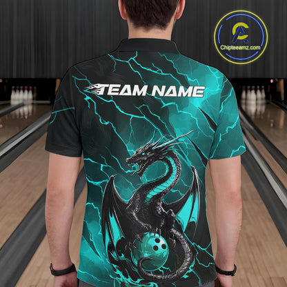 Custom Blue Lightning Dragon Bowling Polo Shirt For Men, Dragon Bowling Team Jersey IPHW9903