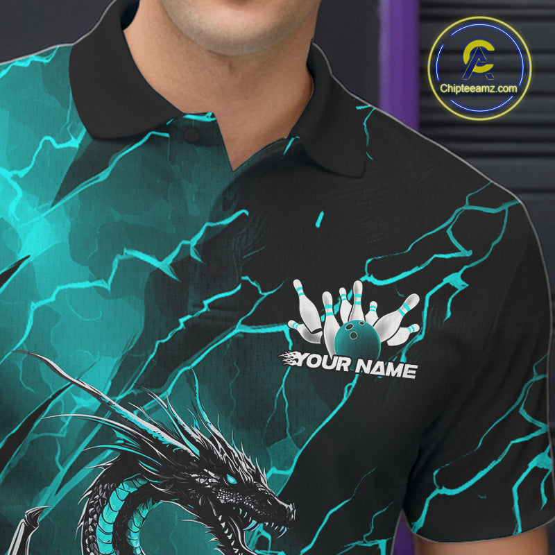 Custom Blue Lightning Dragon Bowling Polo Shirt For Men, Dragon Bowling Team Jersey IPHW9903