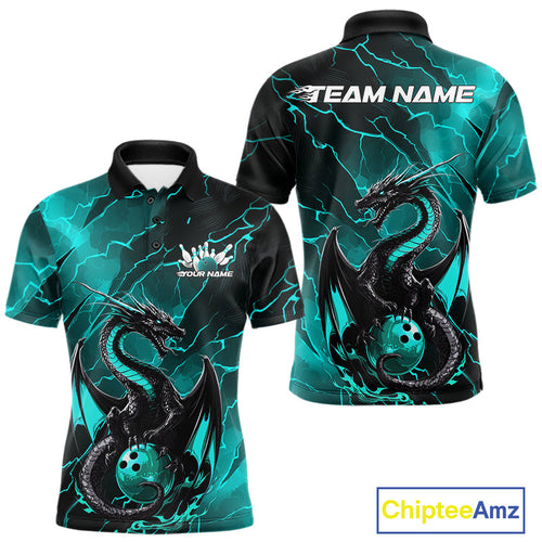 Custom Blue Lightning Dragon Bowling Polo Shirt For Men, Dragon Bowling Team Jersey IPHW9903