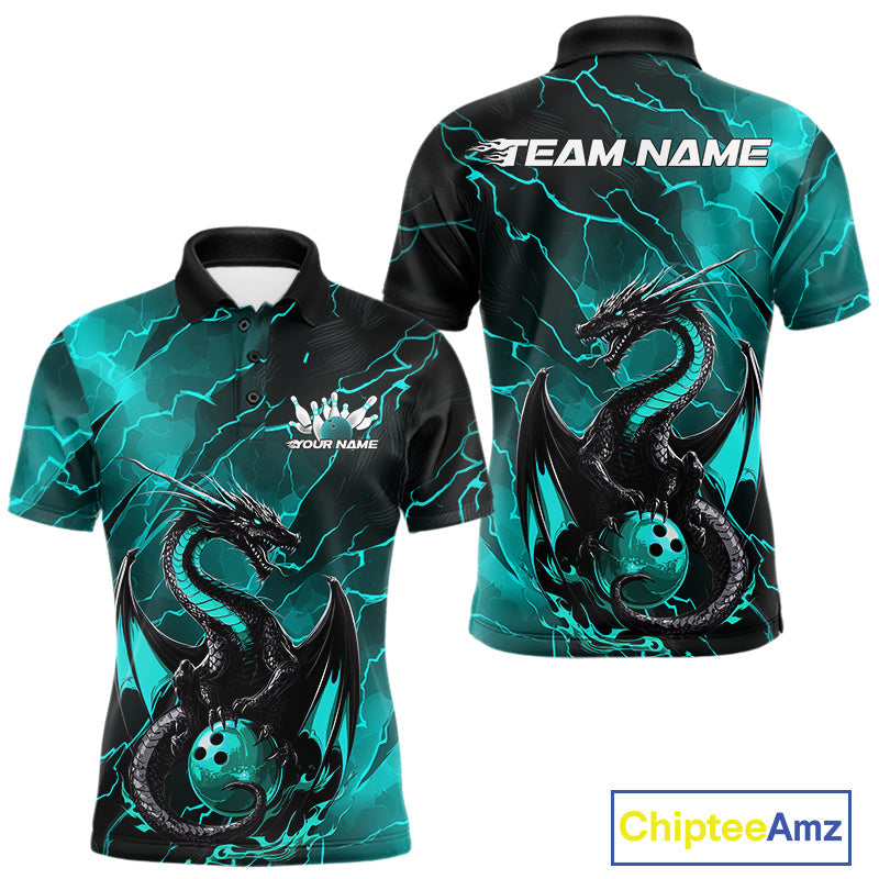 Custom Blue Lightning Dragon Bowling Polo Shirt For Men, Dragon Bowling Team Jersey IPHW9903