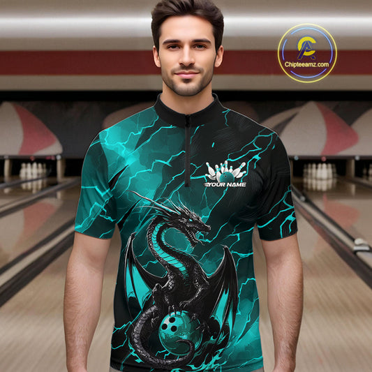 Custom Blue Lightning Dragon Bowling Quarter-Zip Shirt For Men, Dragon Bowling Team Jersey IPHW9903