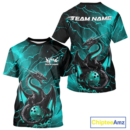 Custom Blue Lightning Dragon Bowling T-Shirts For Men, Dragon Bowling Team Jersey IPHW9903