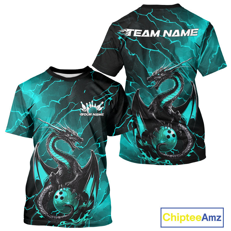 Custom Blue Lightning Dragon Bowling T-Shirts For Men, Dragon Bowling Team Jersey IPHW9903