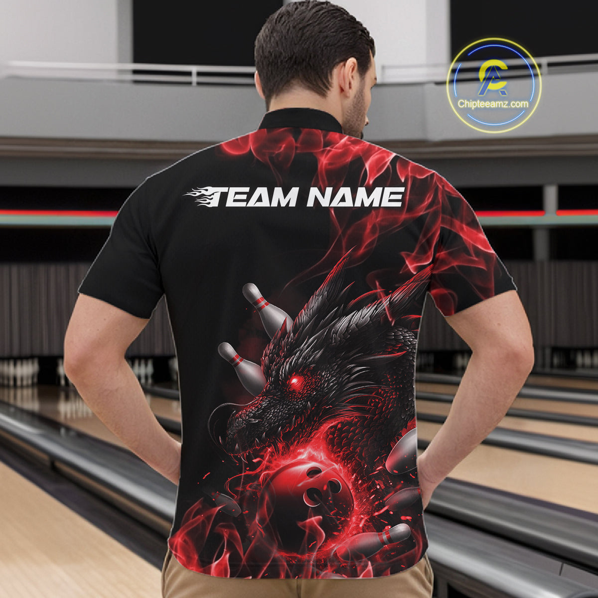 Custom Black And Red Flame Dragon Bowling Men Quarter-Zip Shirt, Dragon Bowling League Shirt IPHW10272