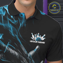 Load image into Gallery viewer, Custom Black And Blue Flame Dragon Bowling Men Polo Shirt, Dragon Bowling League Shirt IPHW10273