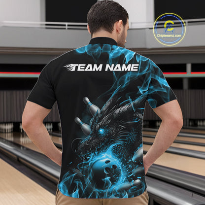 Custom Black And Blue Flame Dragon Bowling Men Quarter-Zip Shirt, Dragon Bowling League Shirt IPHW10273