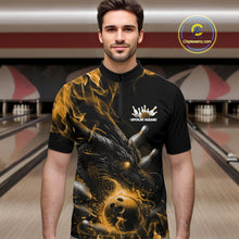 Load image into Gallery viewer, Custom Black And Gold Flame Dragon Bowling Men Quarter-Zip Shirt, Dragon Bowling League Shirt IPHW10274