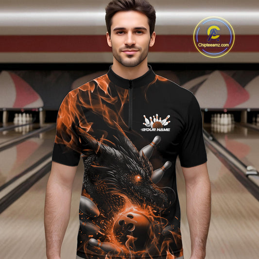 Custom Black And Orange Flame Dragon Bowling Men Quarter-Zip Shirt, Dragon Bowling League Shirt IPHW10275