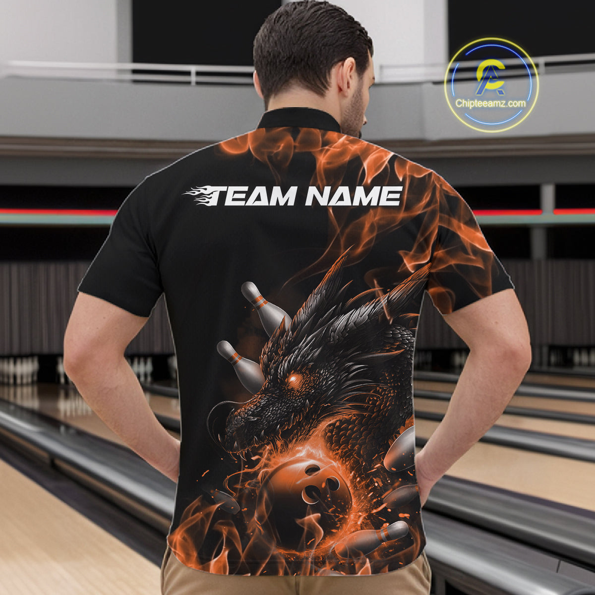 Custom Black And Orange Flame Dragon Bowling Men Quarter-Zip Shirt, Dragon Bowling League Shirt IPHW10275