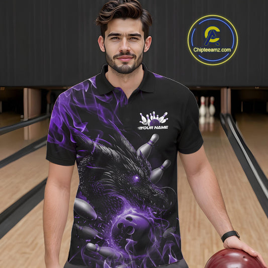 Custom Black And Purple Flame Dragon Bowling Men Polo Shirt, Dragon Bowling League Shirt IPHW10276