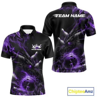 Custom Black And Purple Flame Dragon Bowling Men Polo Shirt, Dragon Bowling League Shirt IPHW10276