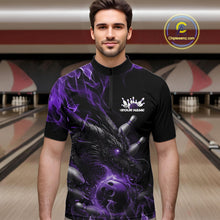 Load image into Gallery viewer, Custom Black And Purple Flame Dragon Bowling Men Quarter-Zip Shirt, Dragon Bowling League Shirt IPHW10276