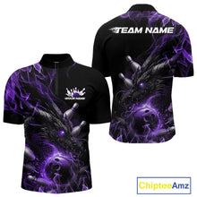 Load image into Gallery viewer, Custom Black And Purple Flame Dragon Bowling Men Quarter-Zip Shirt, Dragon Bowling League Shirt IPHW10276