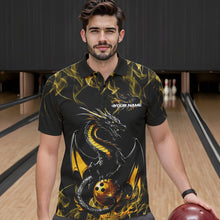 Load image into Gallery viewer, Custom Black And Gold Flame Dragon Bowling Team Polo Shirts For Men, Bowling League Shirt IPHW8653