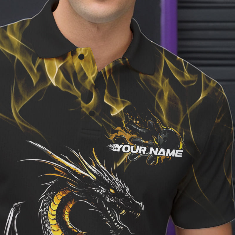 Custom Black And Gold Flame Dragon Bowling Team Polo Shirts For Men, Bowling League Shirt IPHW8653