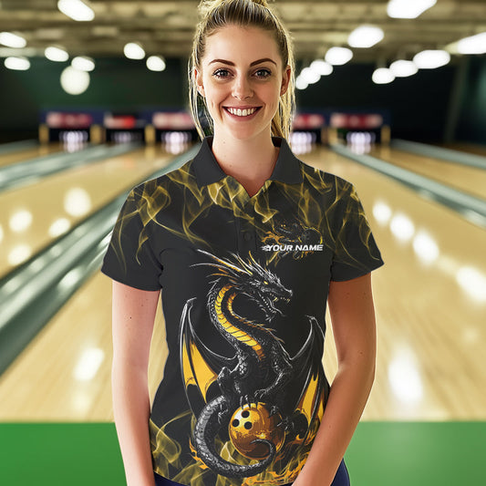 Custom Black And Gold Flame Dragon Bowling Team Polo Shirts For Women, Bowling League Shirt IPHW8653