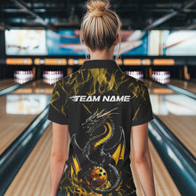 Load image into Gallery viewer, Custom Black And Gold Flame Dragon Bowling Team Polo Shirts For Women, Bowling League Shirt IPHW8653