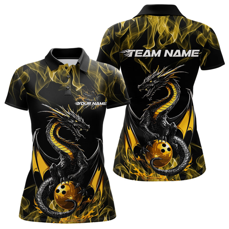 Custom Black And Gold Flame Dragon Bowling Team Polo Shirts For Women, Bowling League Shirt IPHW8653