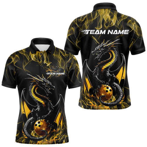 Custom Black And Gold Flame Dragon Bowling Team Polo Shirts For Men, Bowling League Shirt IPHW8653