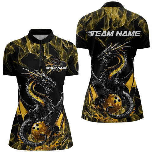 Custom Black And Gold Flame Dragon Bowling Womens Quarter-Zip Shirts, Bowling League Shirt IPHW8653