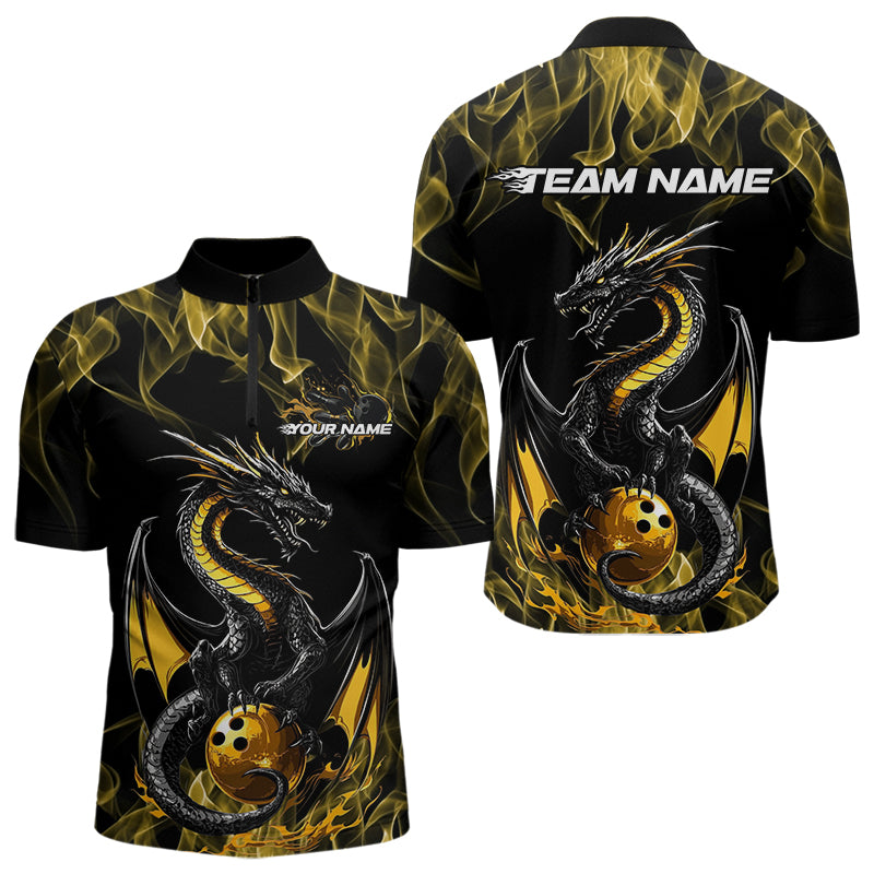 Custom Black And Gold Flame Dragon Bowling Team Quarter-Zip Shirts For Men, Bowling League Shirt IPHW8653